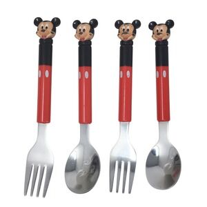 Disney Toddler Child Silverware Mickey Mouse Spoon & Fork Set Vintage Red Black